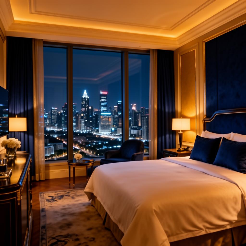 Luxury five-star Marriott hotel suite at night